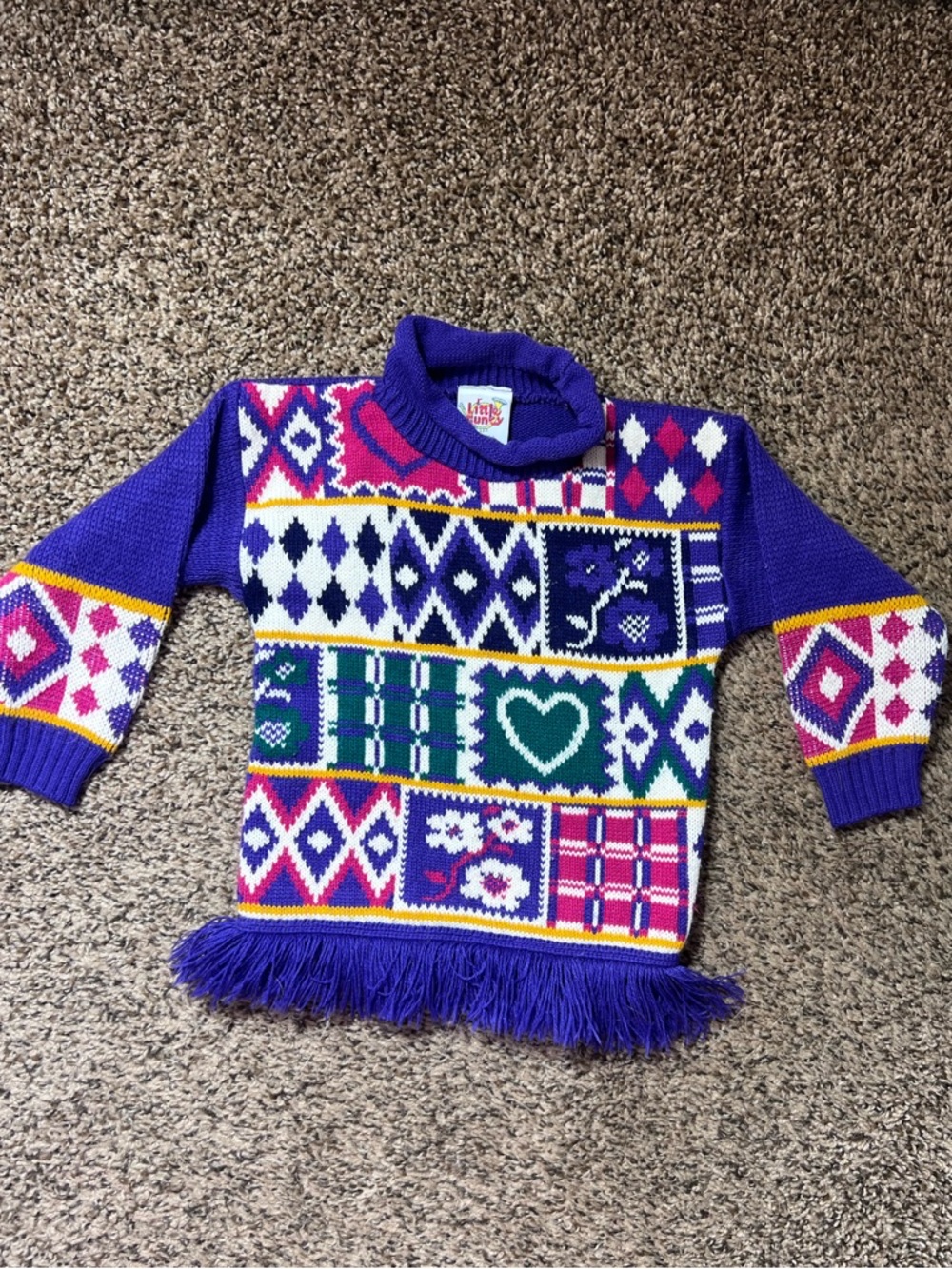 Vintage 90s Purple Patterned Kids Sweater with Fringe